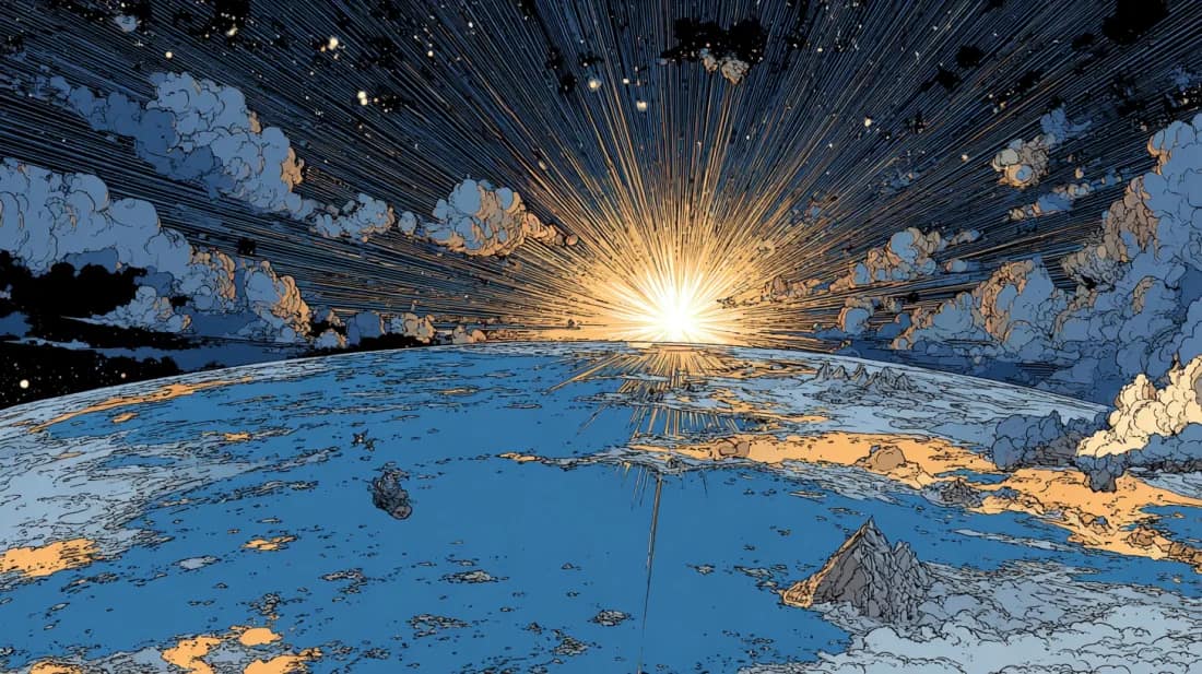 The Half-Second Flash. Mœbius-style illustrated plate.