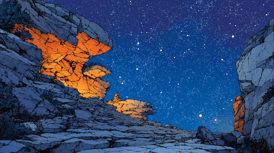 Stored Sunlight, Resurrected. Mœbius-style illustrated plate.