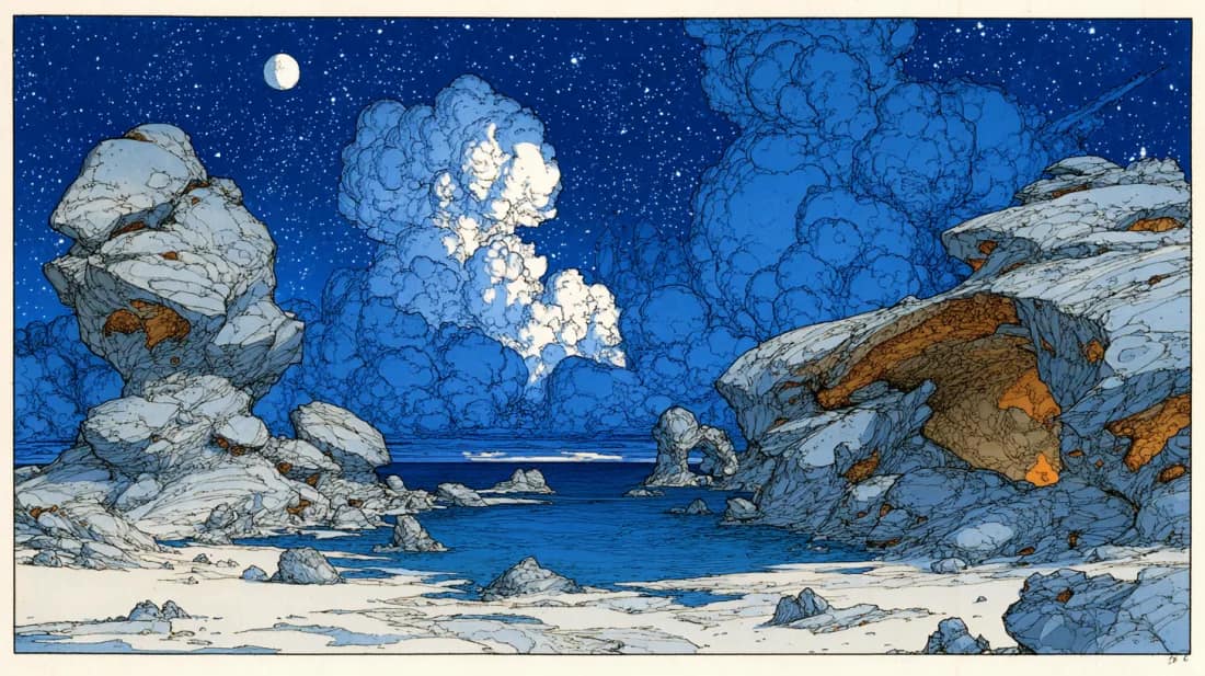 The First Thunder. Mœbius-style illustrated plate.