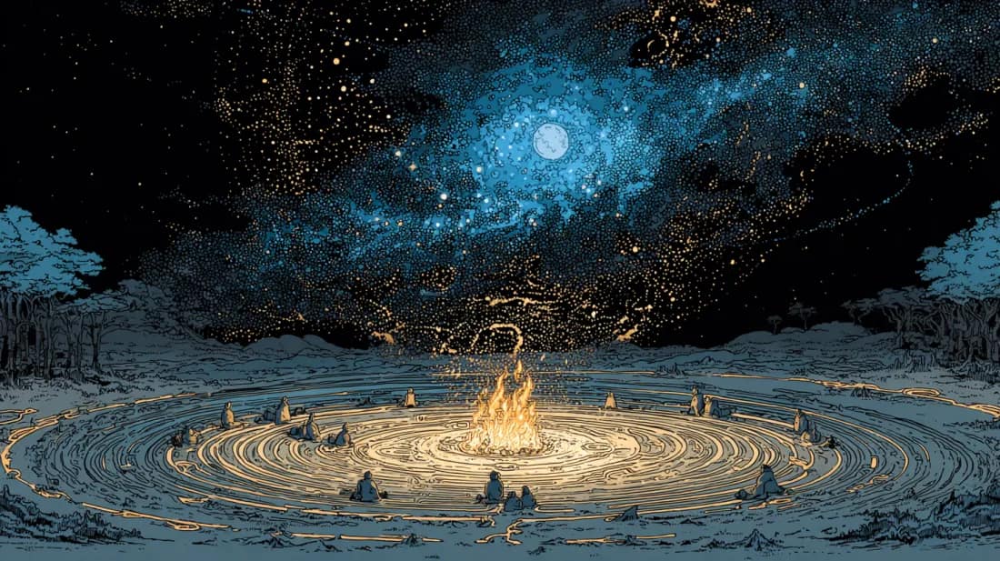 The Entrainment Circle. Mœbius-style illustrated plate.