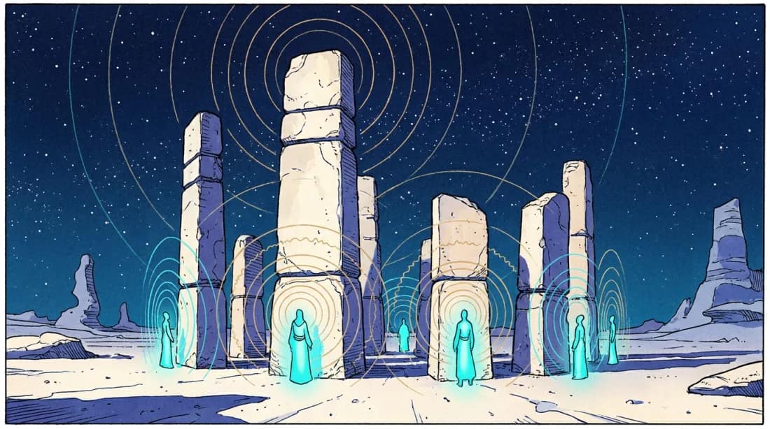 A Dance with the Void. Mœbius-style illustrated plate.